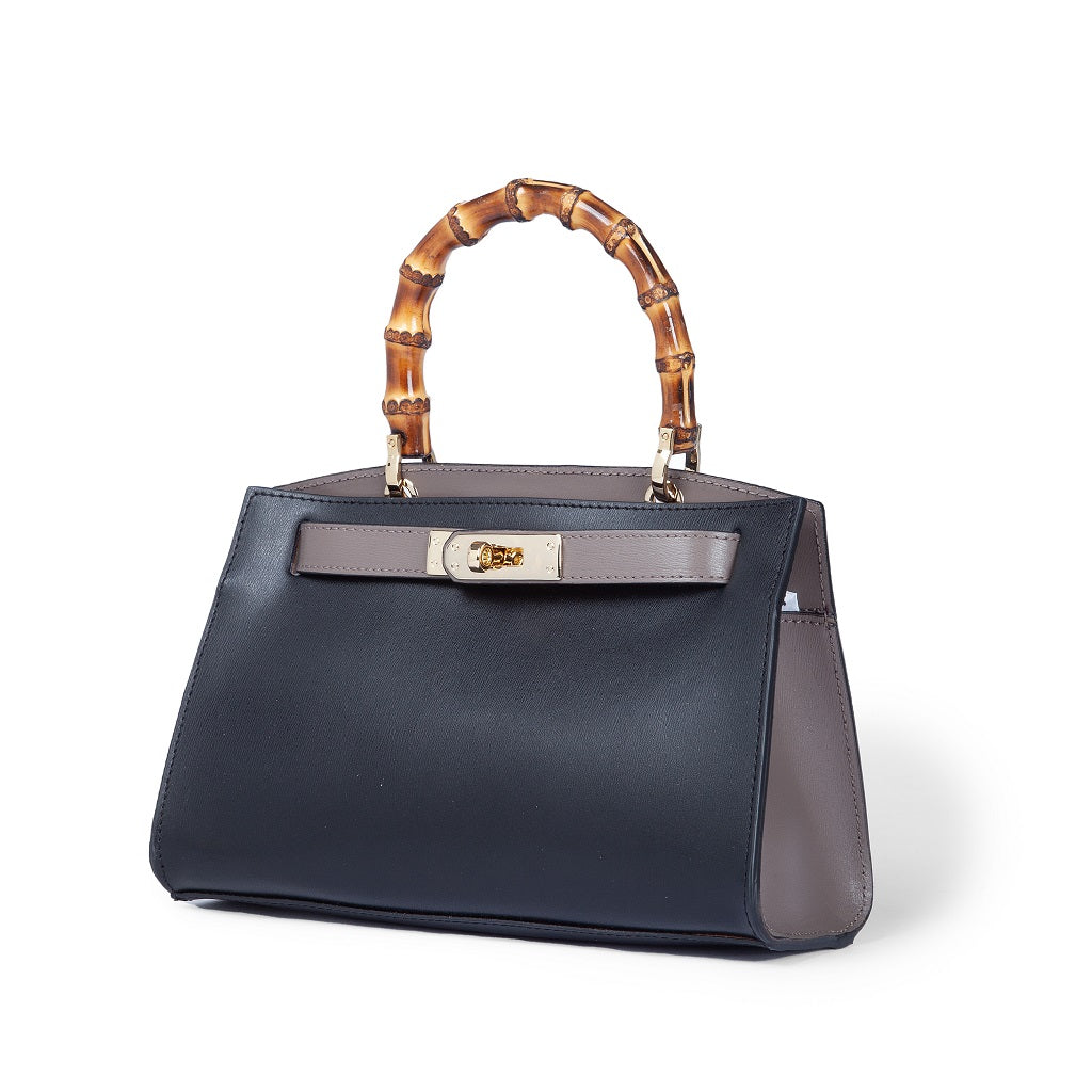 Elegant black and brown leather handbag with bamboo handle