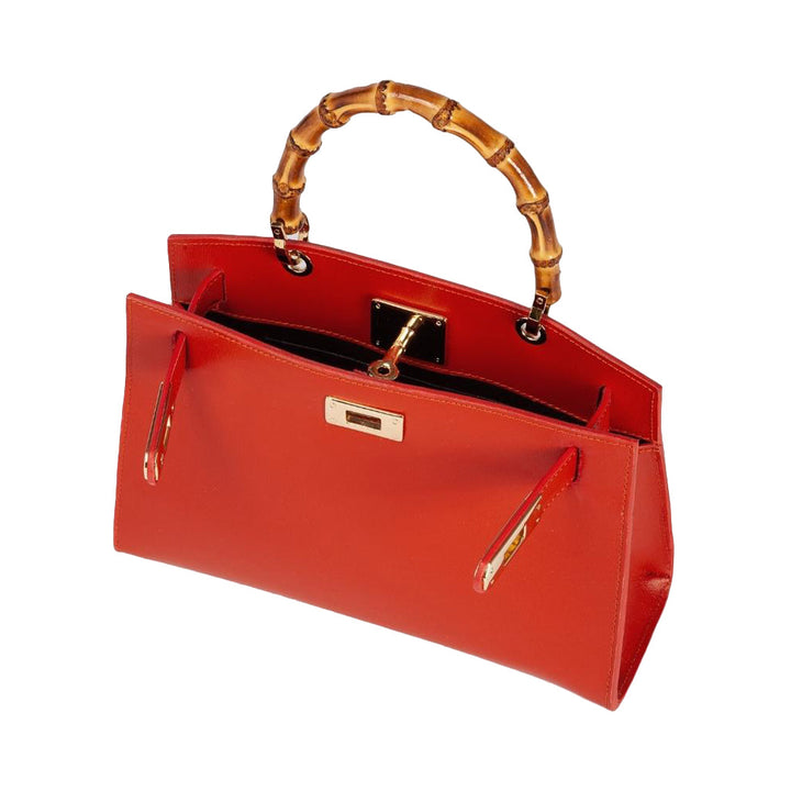 Red handbag with bamboo handle and gold hardware