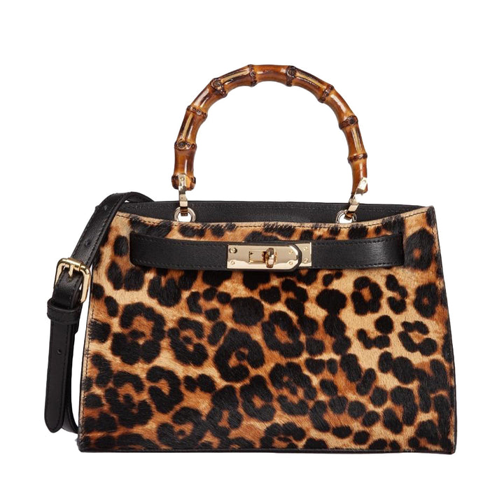 Leopard print handbag with bamboo handle and black strap