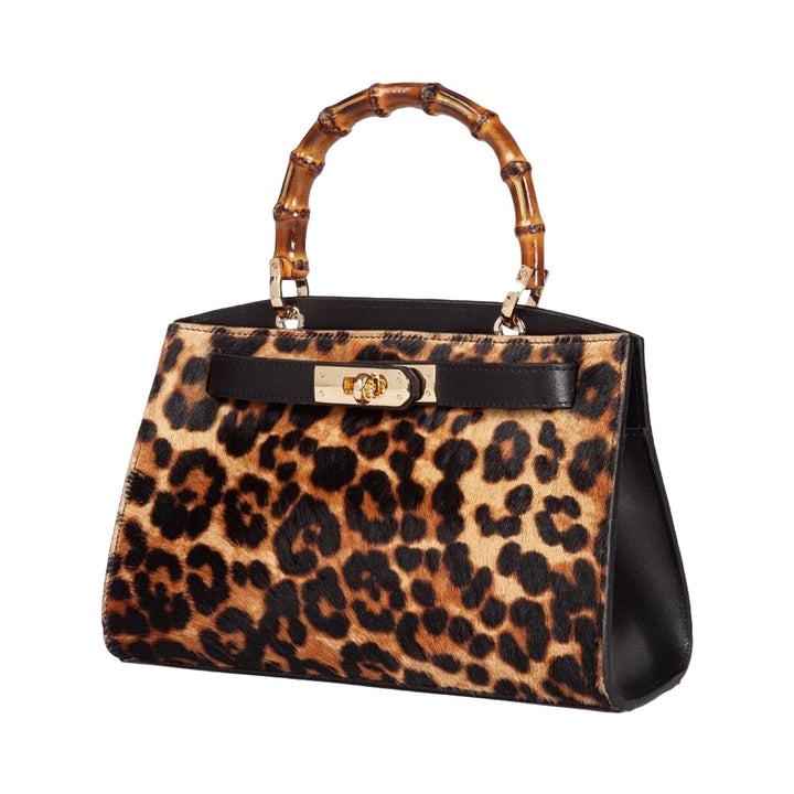 Leopard print handbag with bamboo handle and gold clasp