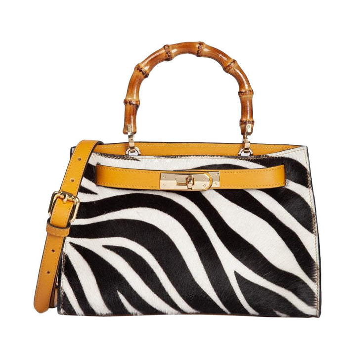 Zebra print handbag with bamboo handle and yellow accents