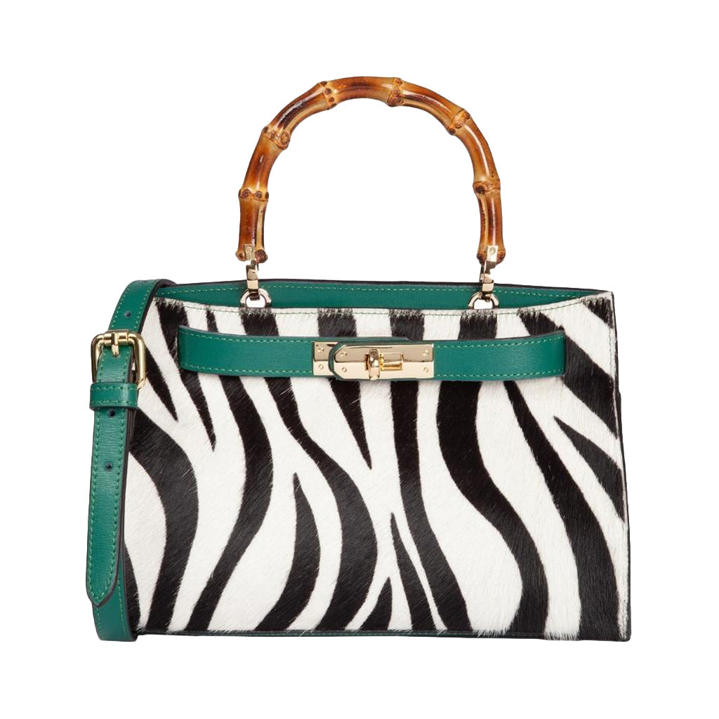 Zebra print handbag with green leather trim and bamboo handle