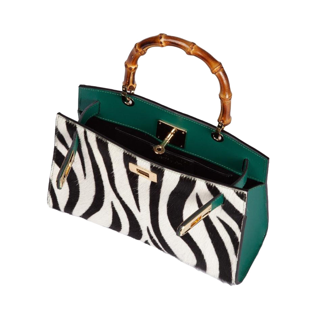 Zebra print handbag with bamboo handle and green trim