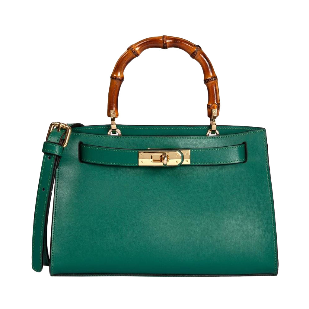 Green leather handbag with bamboo handle and gold buckle