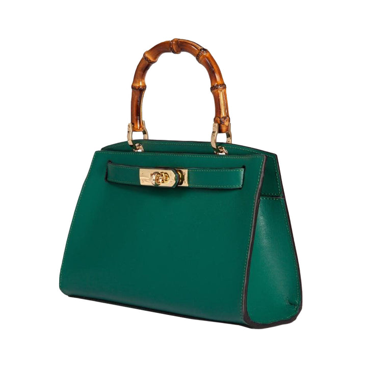 Green leather handbag with bamboo handle and gold clasp