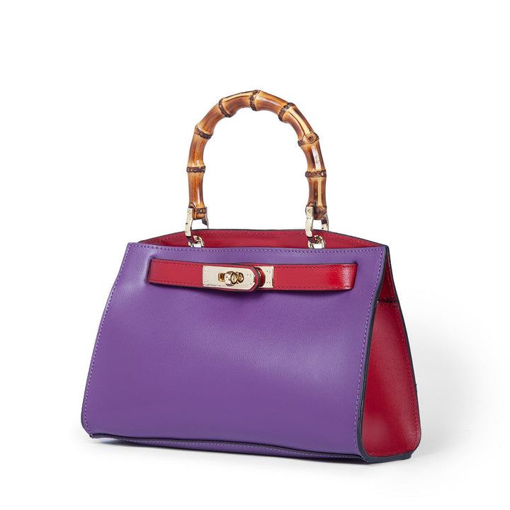 Purple and red leather handbag with bamboo handle