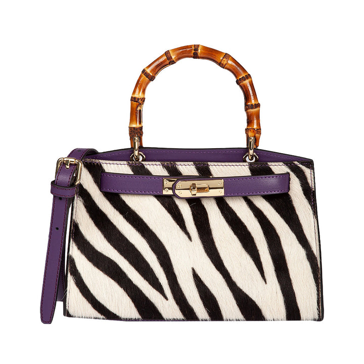 Stylish zebra print handbag with bamboo handle and purple accents