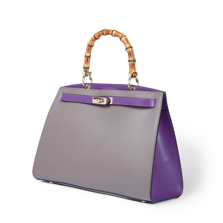 Elegant purple and gray handbag with bamboo handle