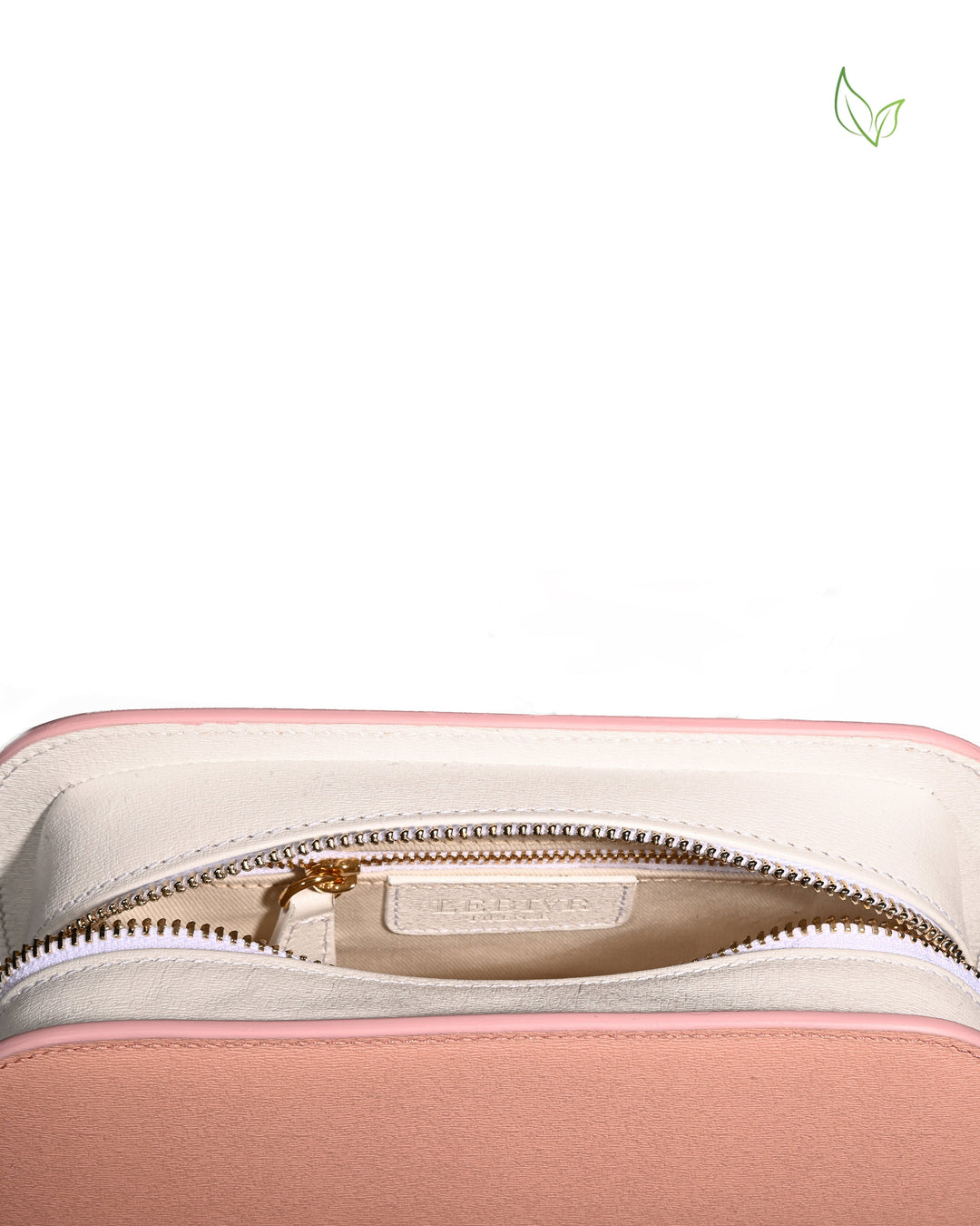 Pink and white zippered bag with gold accents