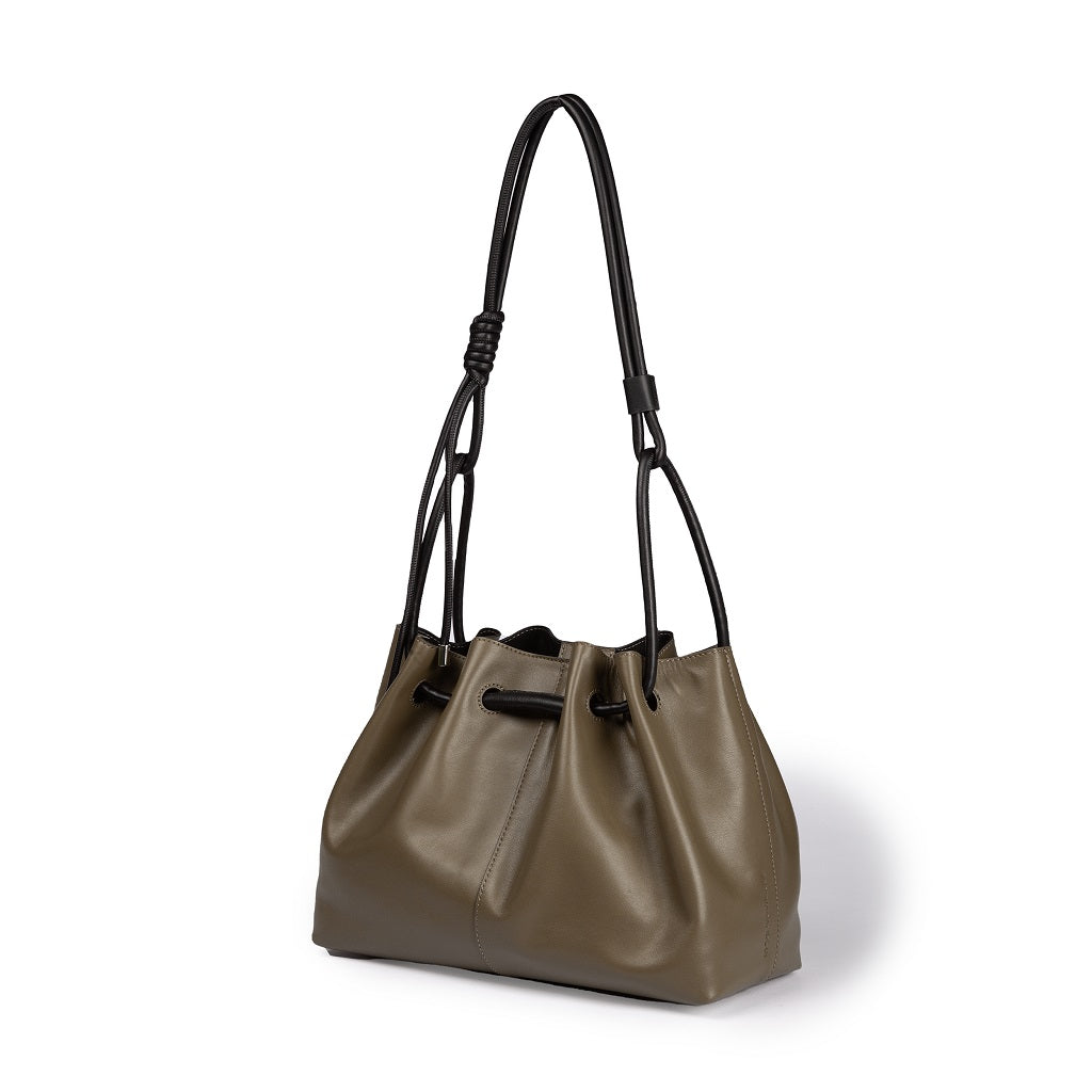 Olive green leather bucket bag with black handles