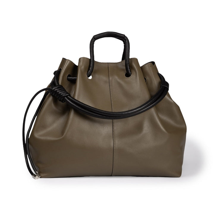 Olive green leather drawstring handbag with black handles