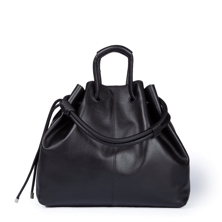 Black leather drawstring handbag with handles