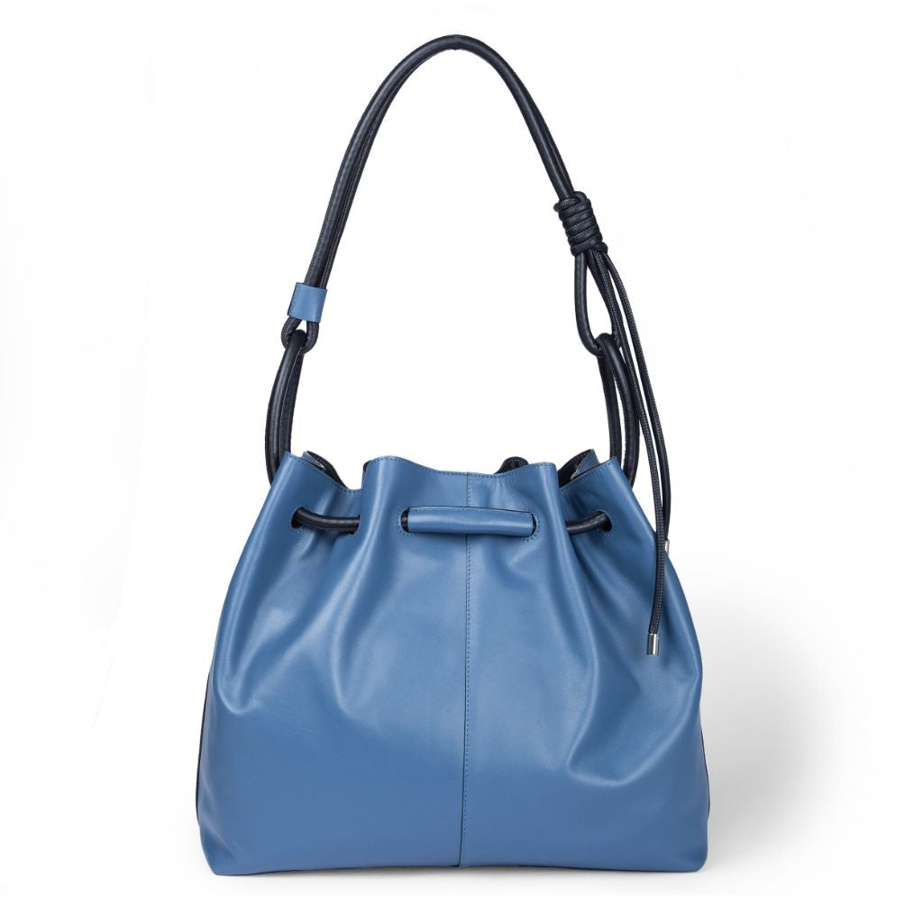 Blue leather drawstring handbag with shoulder strap