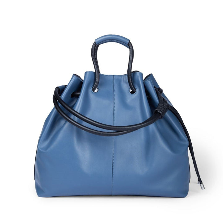 Blue leather handbag with drawstring closure and dual handles