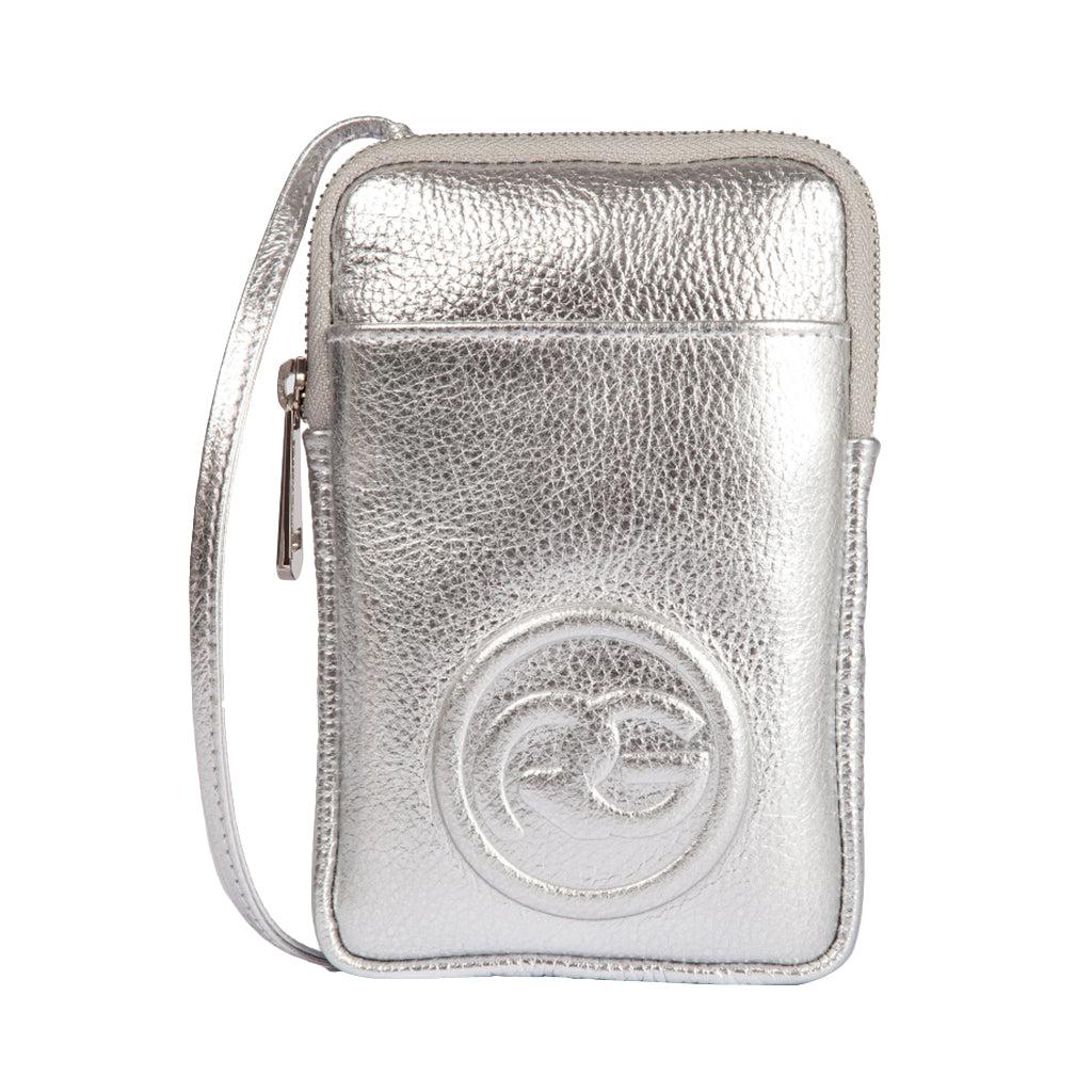 Silver leather wristlet pouch with textured design and embossed logo