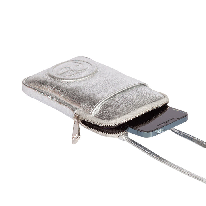 Silver leather phone case with zipper, holding a smartphone