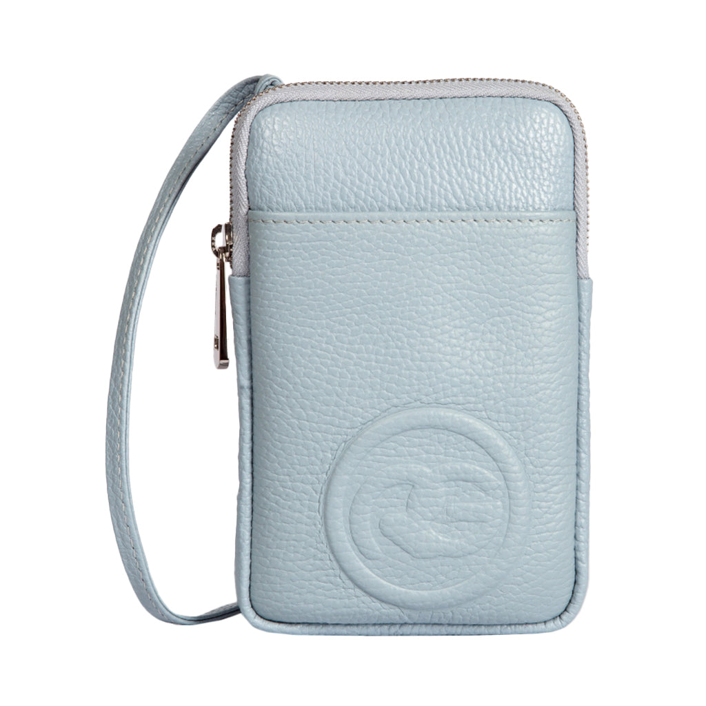 Light blue leather wristlet with embossed logo and zipper closure