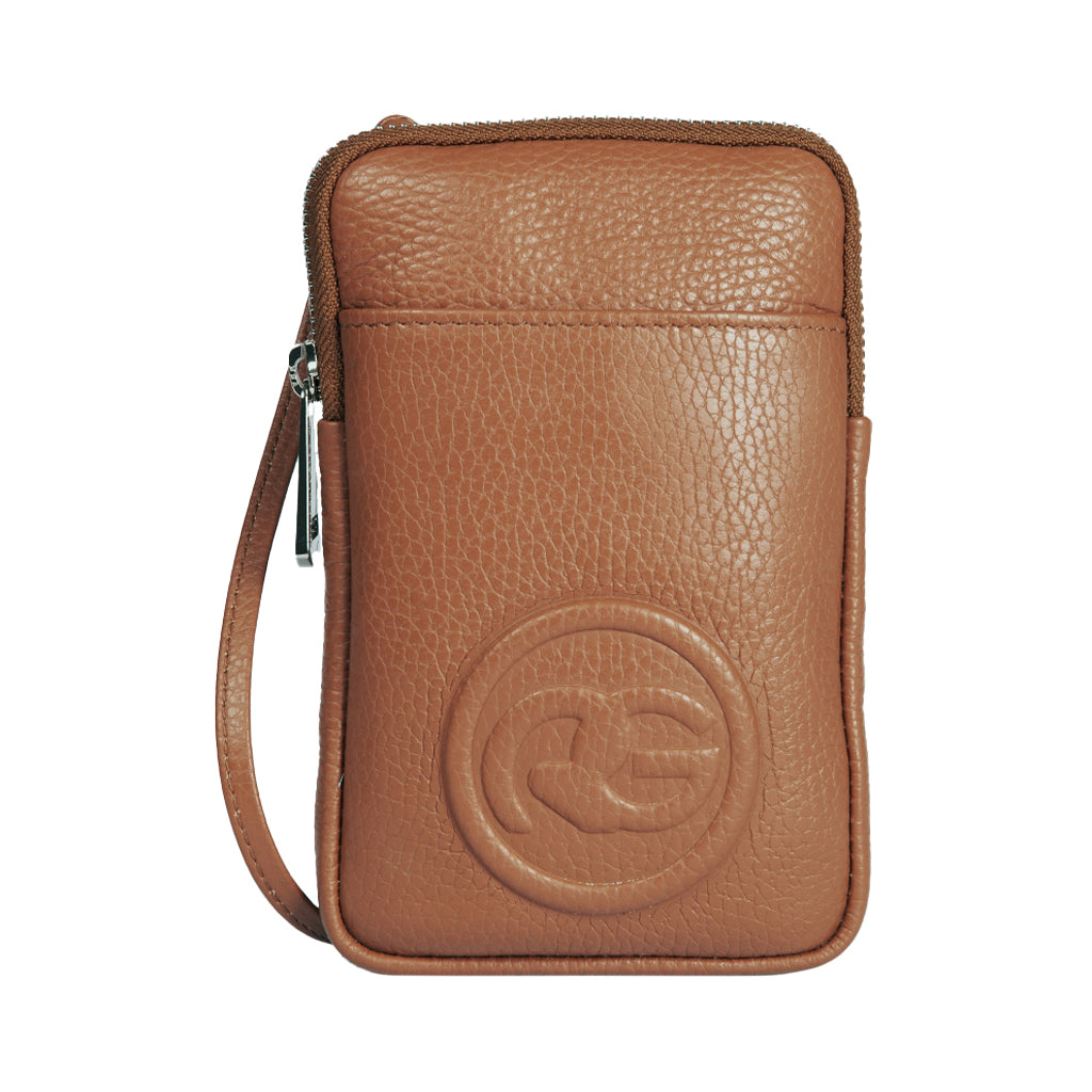 Brown leather wristlet with embossed circular logo