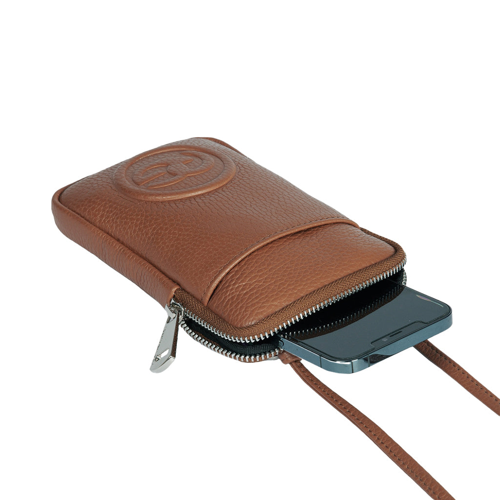 Brown leather phone pouch with zipper, featuring a wrist strap and phone partially visible