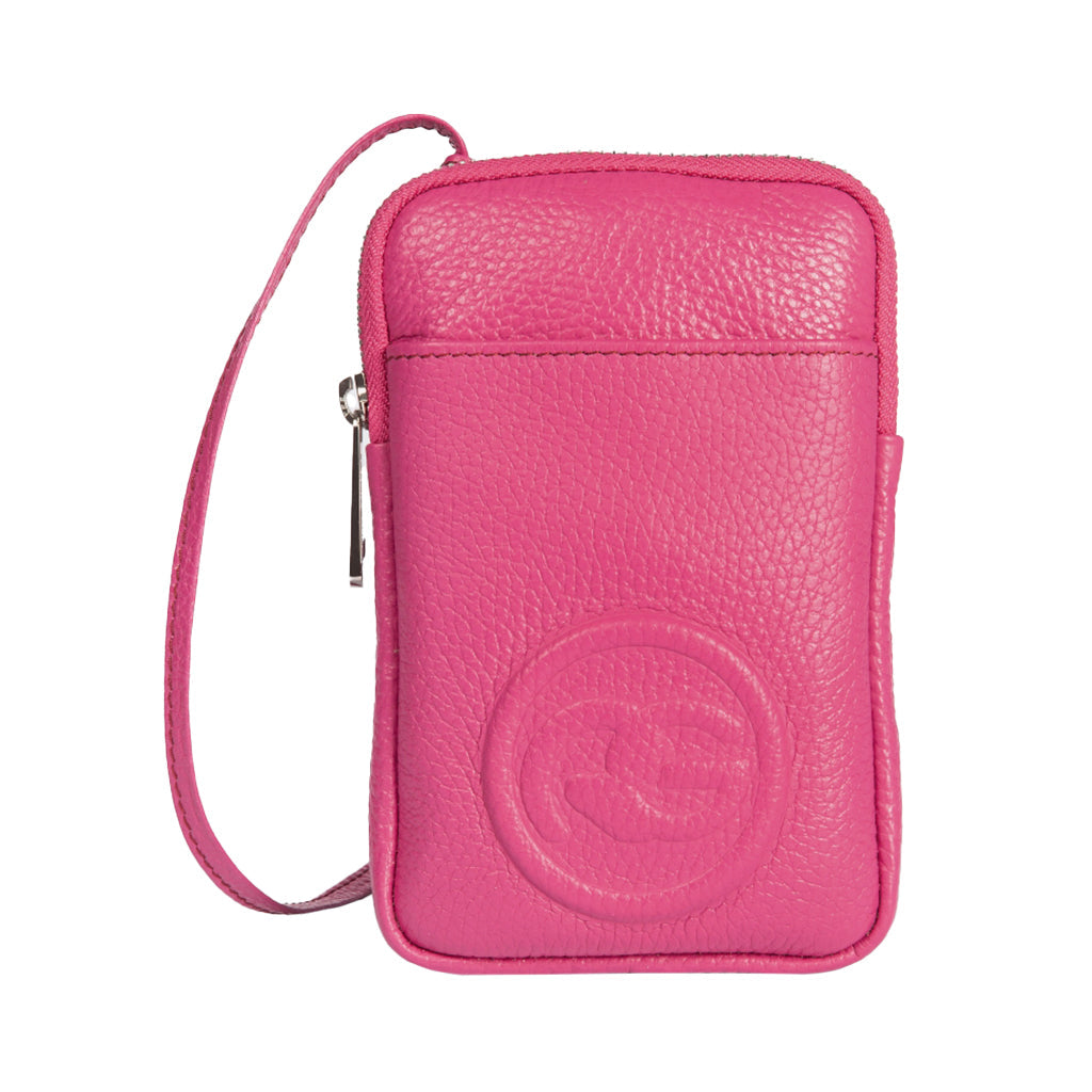 Pink leather crossbody phone bag with wrist strap and embossed logo