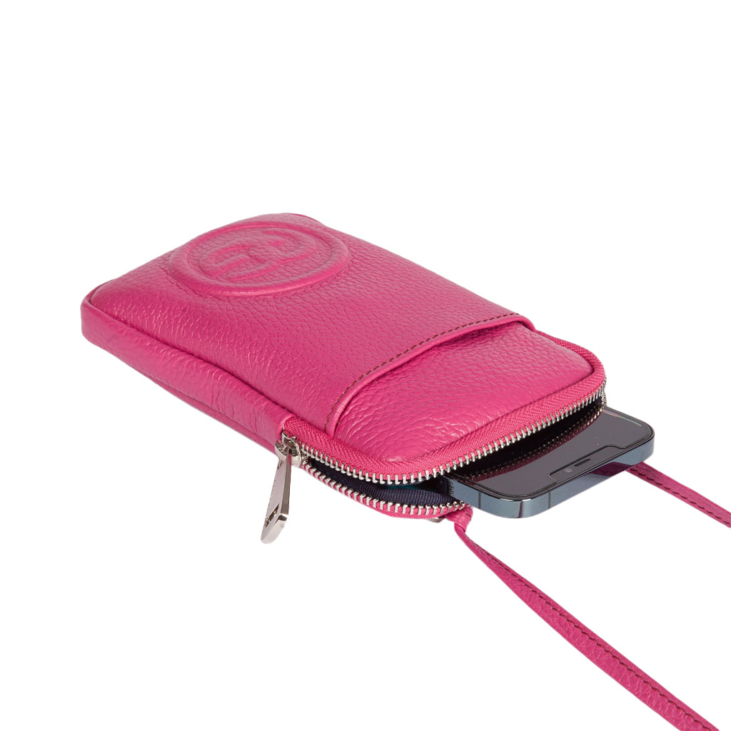 Pink leather phone pouch with zipper and embossed logo