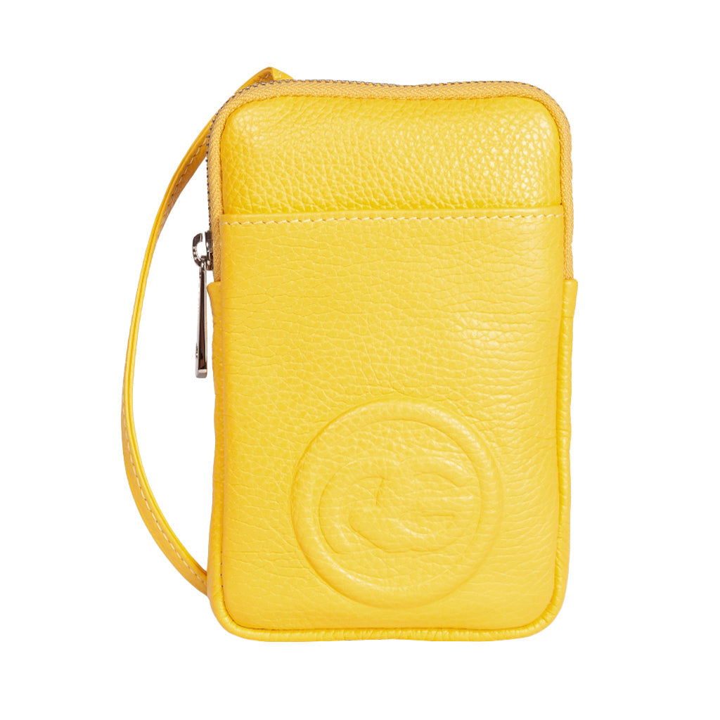 Yellow leather wristlet pouch with embossed logo and zip closure