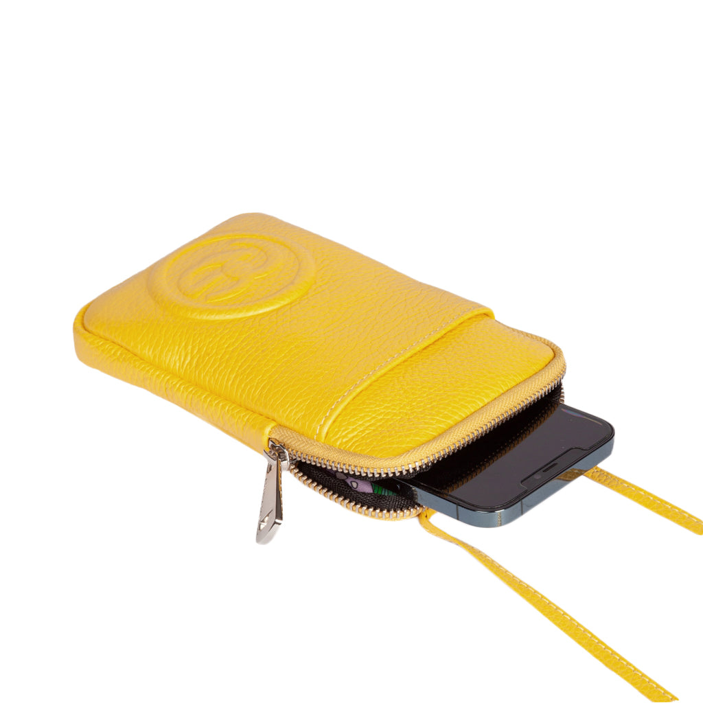 Yellow leather phone pouch with zipper and shoulder strap