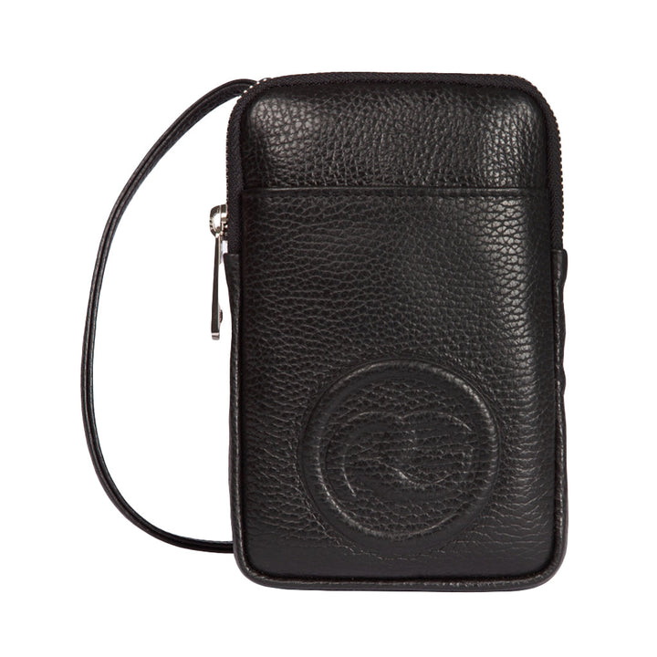 Black leather wristlet pouch with embossed logo and zipper closure