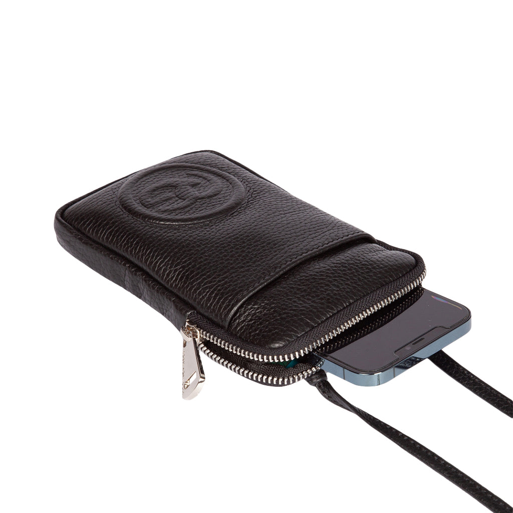 Black leather phone case with wrist strap and zipper opening