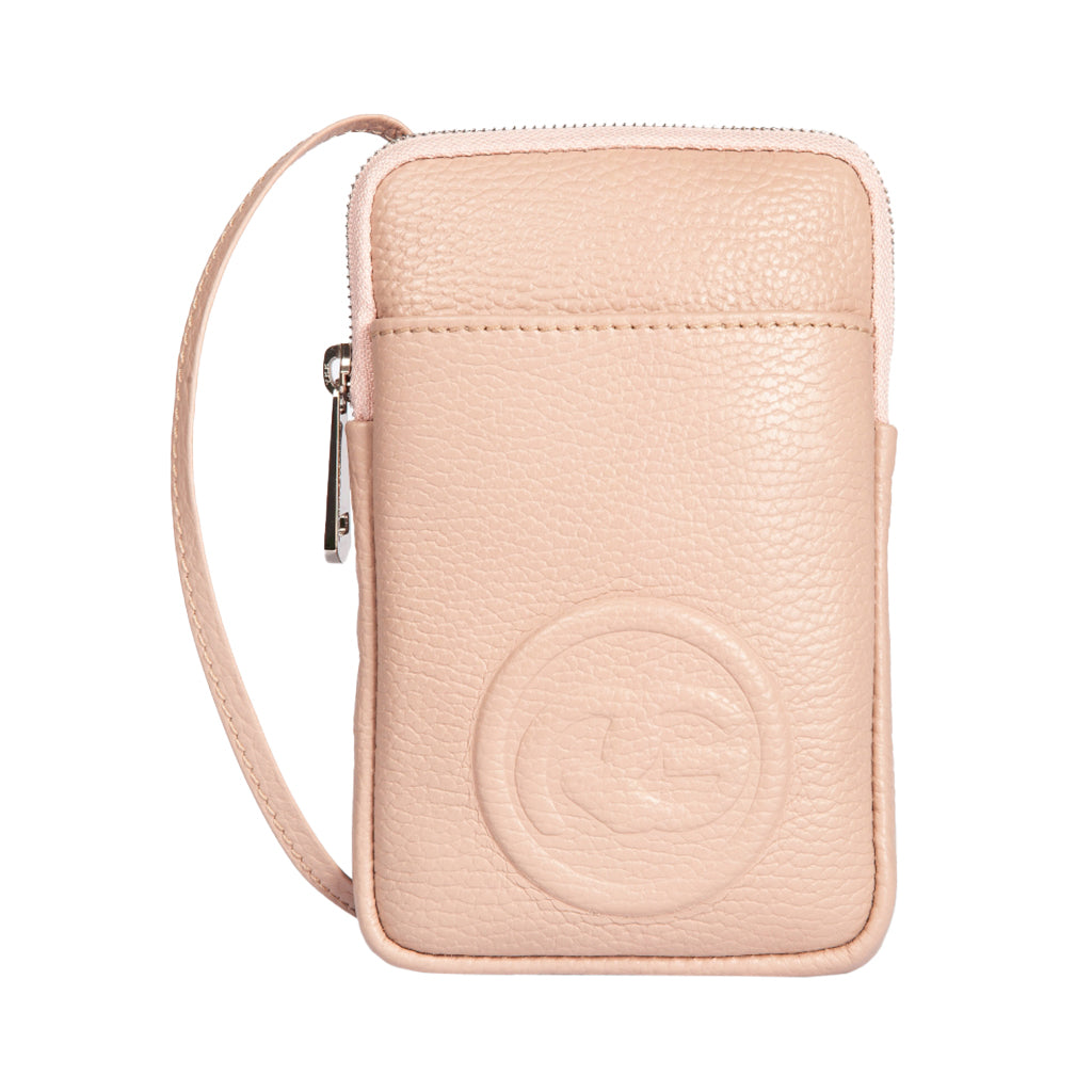 Peach leather wristlet phone case with embossed logo and zipper closure