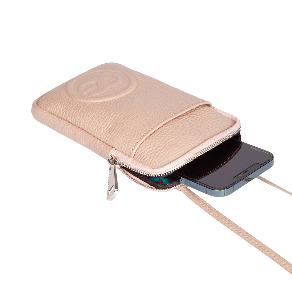 Beige leather phone wallet with zipper and wrist strap holding a smartphone