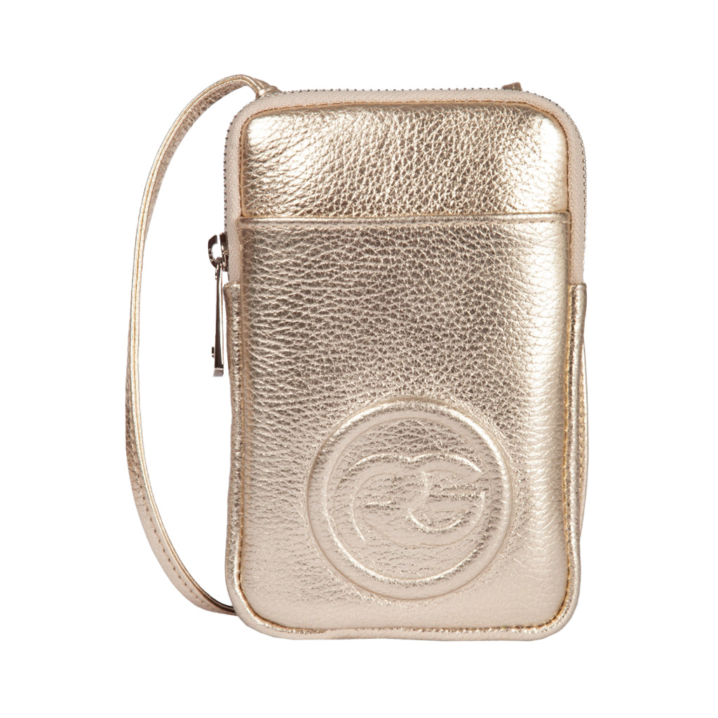 Gold metallic leather small crossbody bag with embossed logo