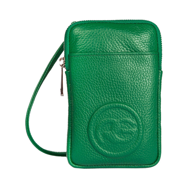 Green textured leather wristlet with embossed logo and zip closure