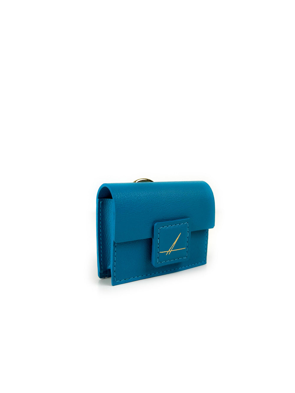 Blue leather wallet with minimalist design and gold accent on flap
