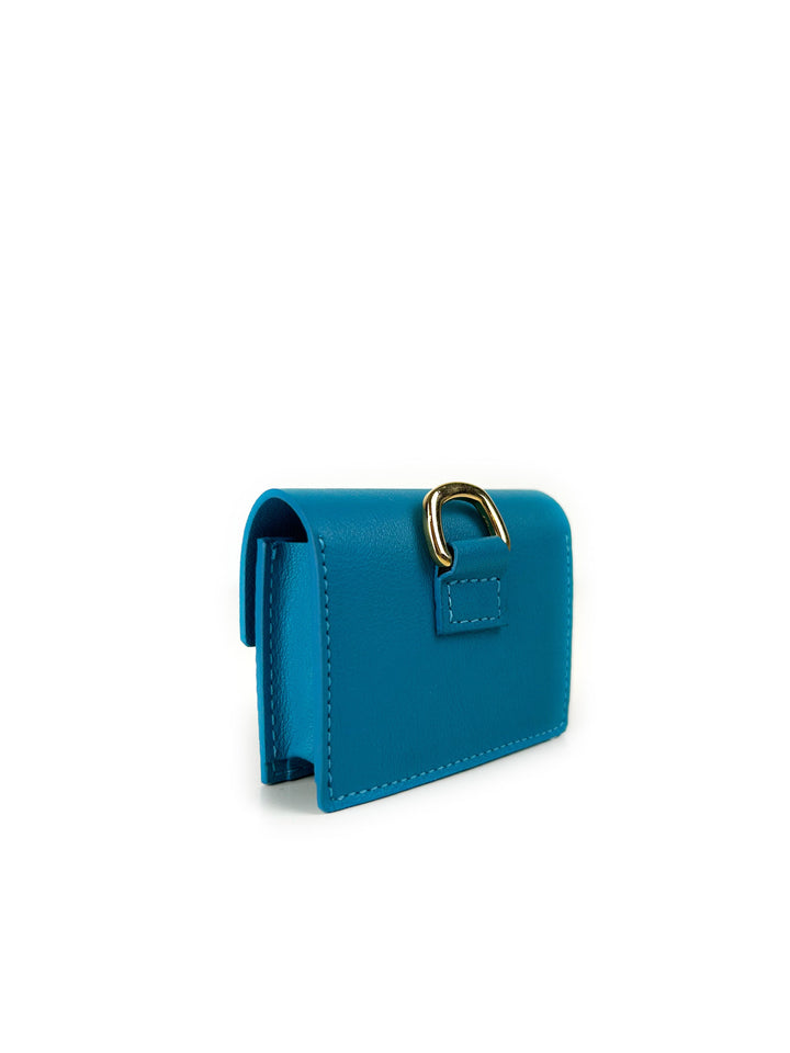 Small blue leather bag with gold buckle