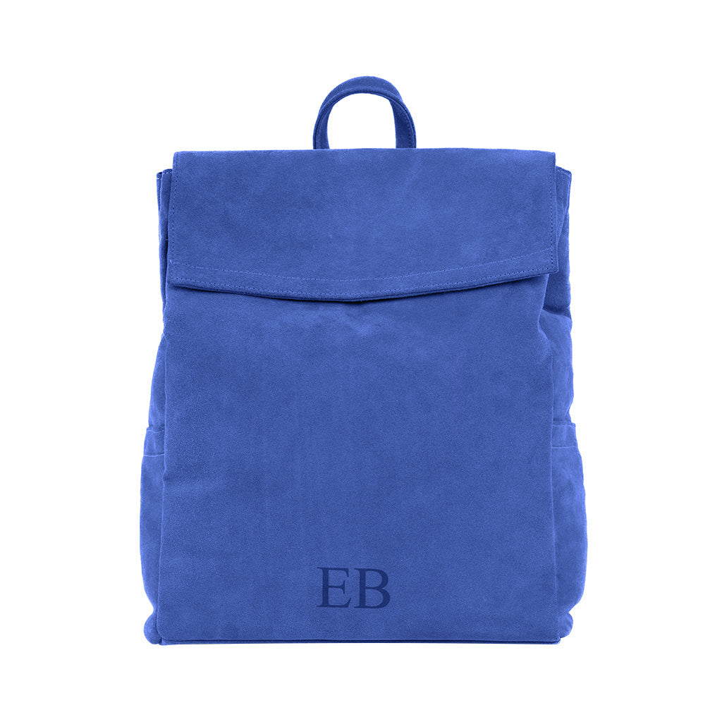 Blue suede backpack with monogram initials EB on front