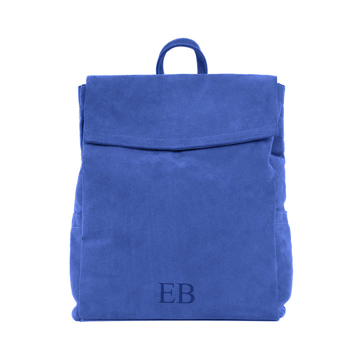 Blue suede backpack with monogram initials EB on front