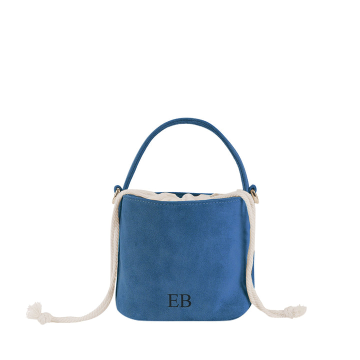Blue suede handbag with rope handles and EB monogram