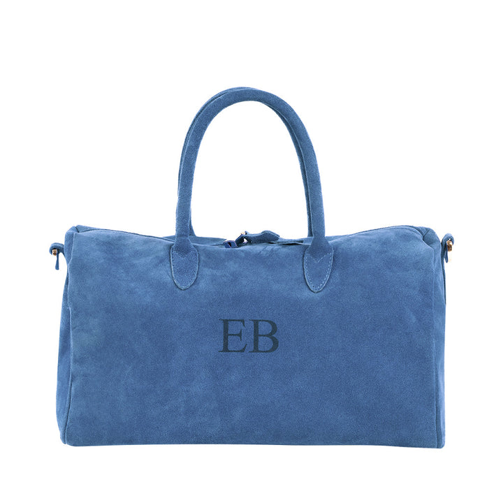 Blue suede handbag with initials EB embroidered