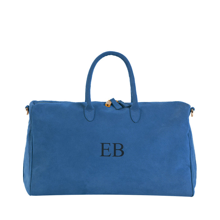 Blue suede weekend bag with initials 'EB' monogram