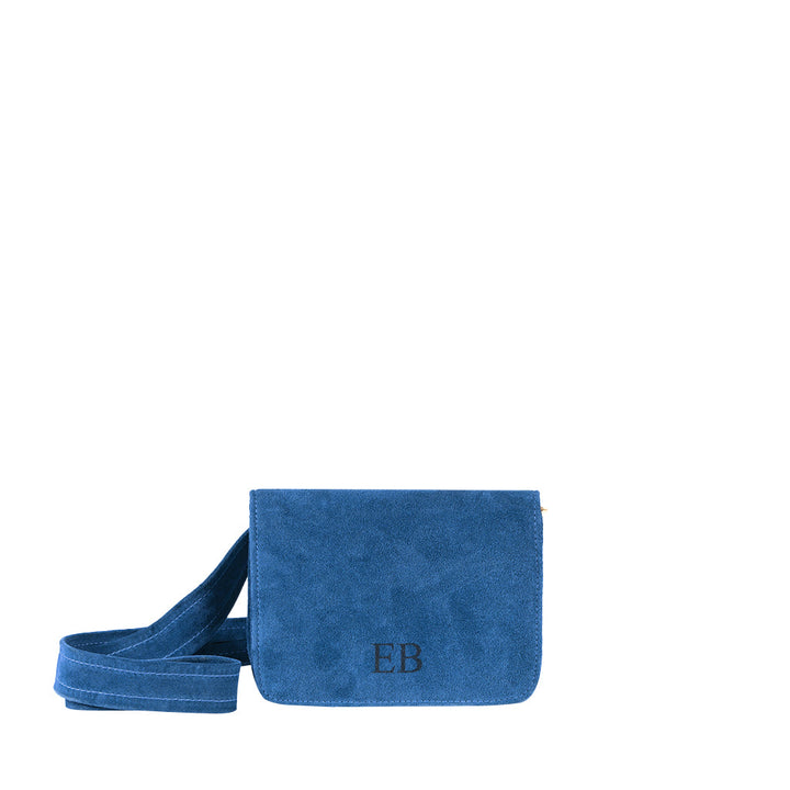 Blue suede crossbody bag with initials