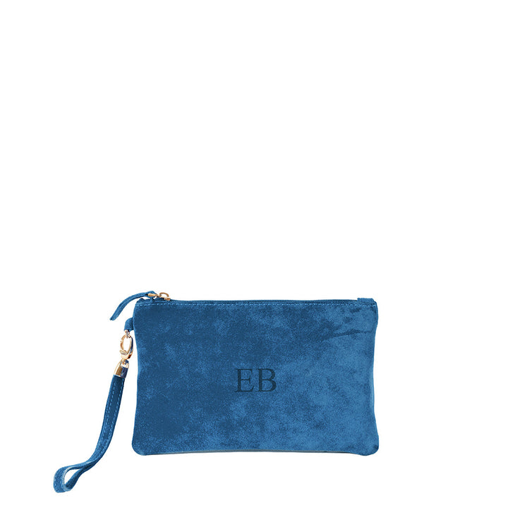 Blue suede wristlet pouch with gold hardware and monogram EB