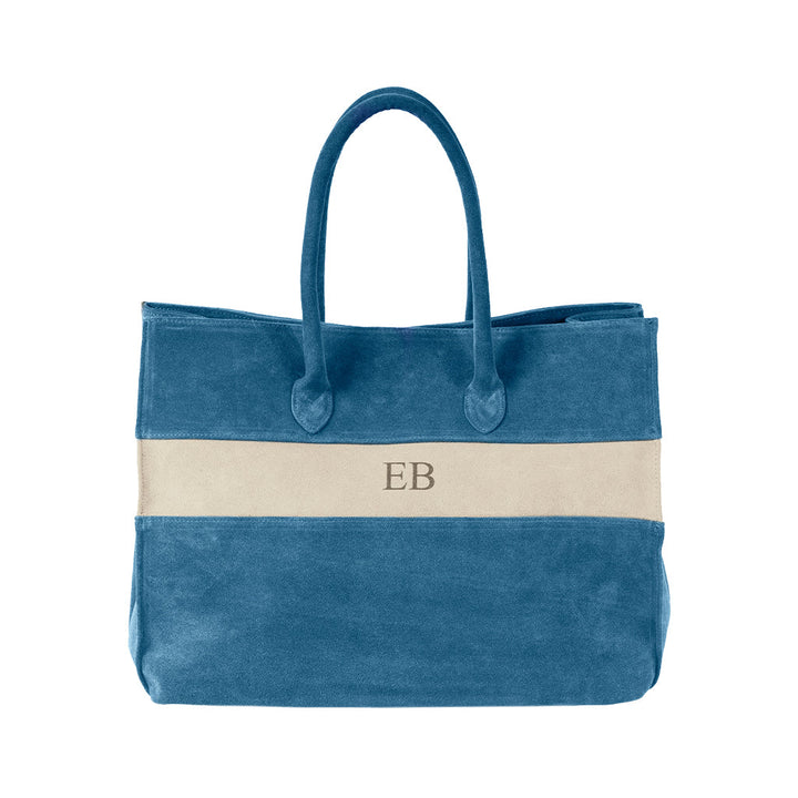 Blue suede tote bag with beige stripe and embroidered EB initials