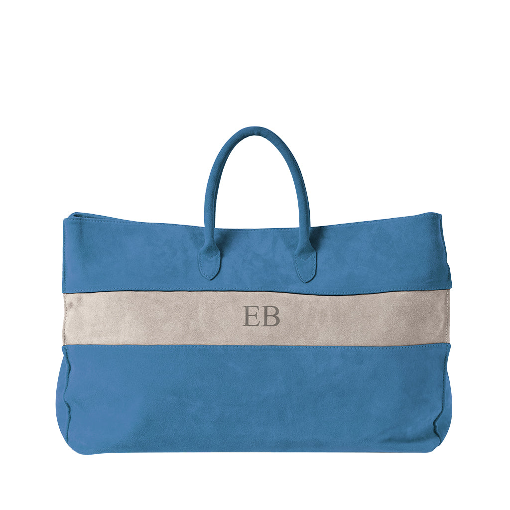 Blue suede tote bag with beige stripe and 'EB' monogram