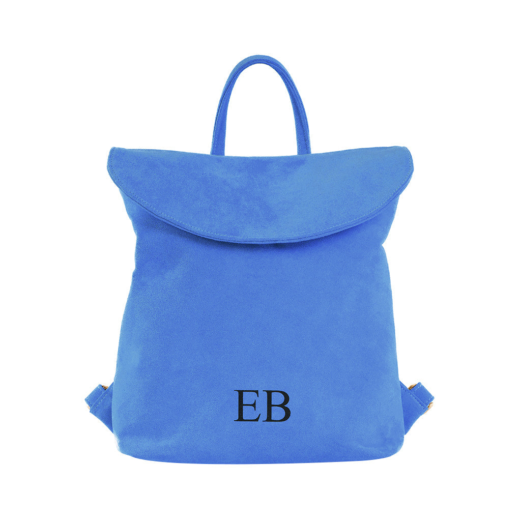 Bright blue backpack with initials EB embroidered on the front