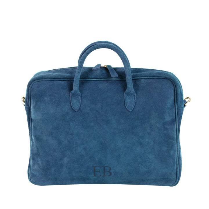 Blue suede laptop bag with handles