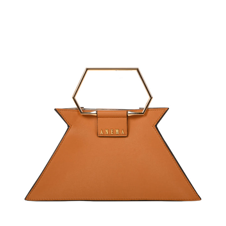 Tan geometric handbag with gold hexagonal handle and ANEMA logo