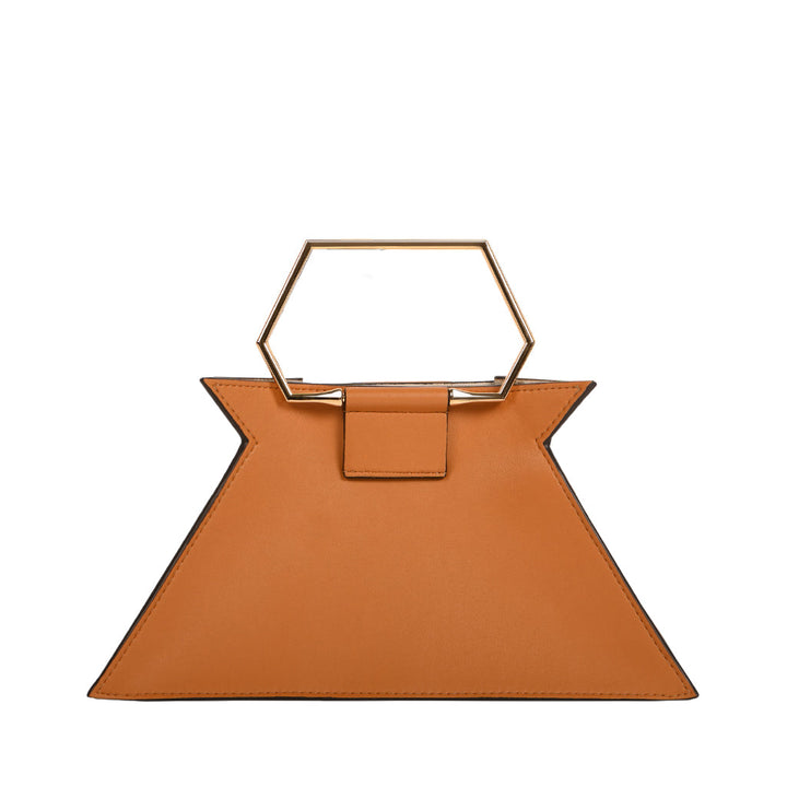 Geometric brown leather handbag with hexagonal gold handle
