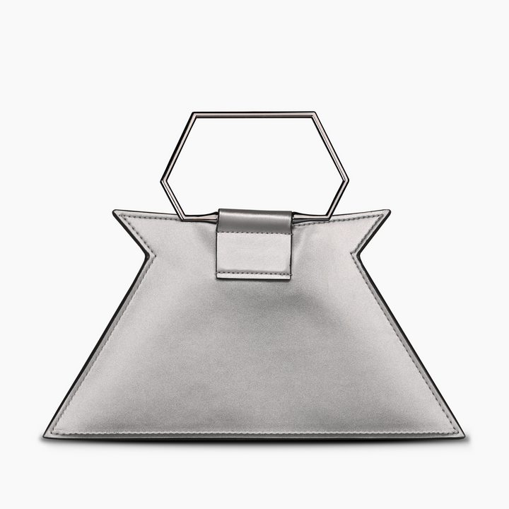 Geometric silver handbag with hexagonal handle