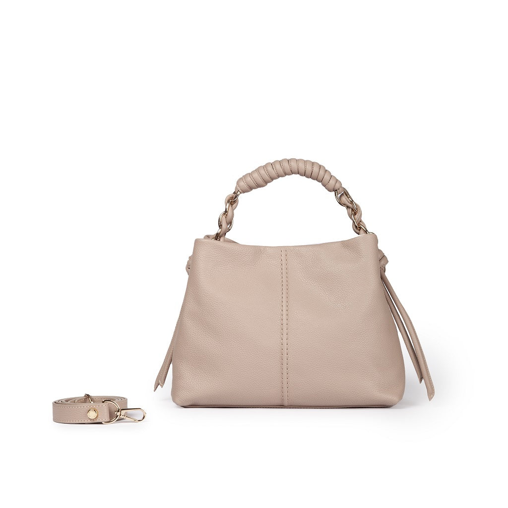 Beige leather handbag with twisted handle and detachable strap